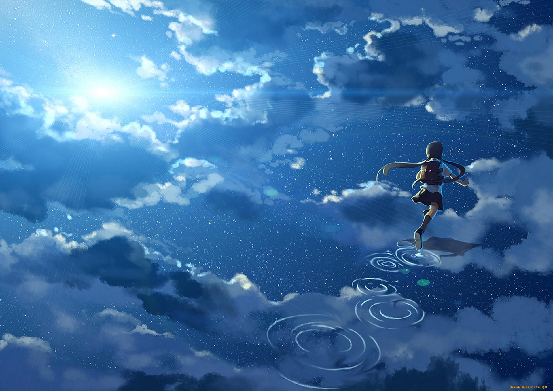 аниме, unknown, , другое, вода, отражение, школьница, форма, hanyijie, солнце, небо, облака, арт, девушка