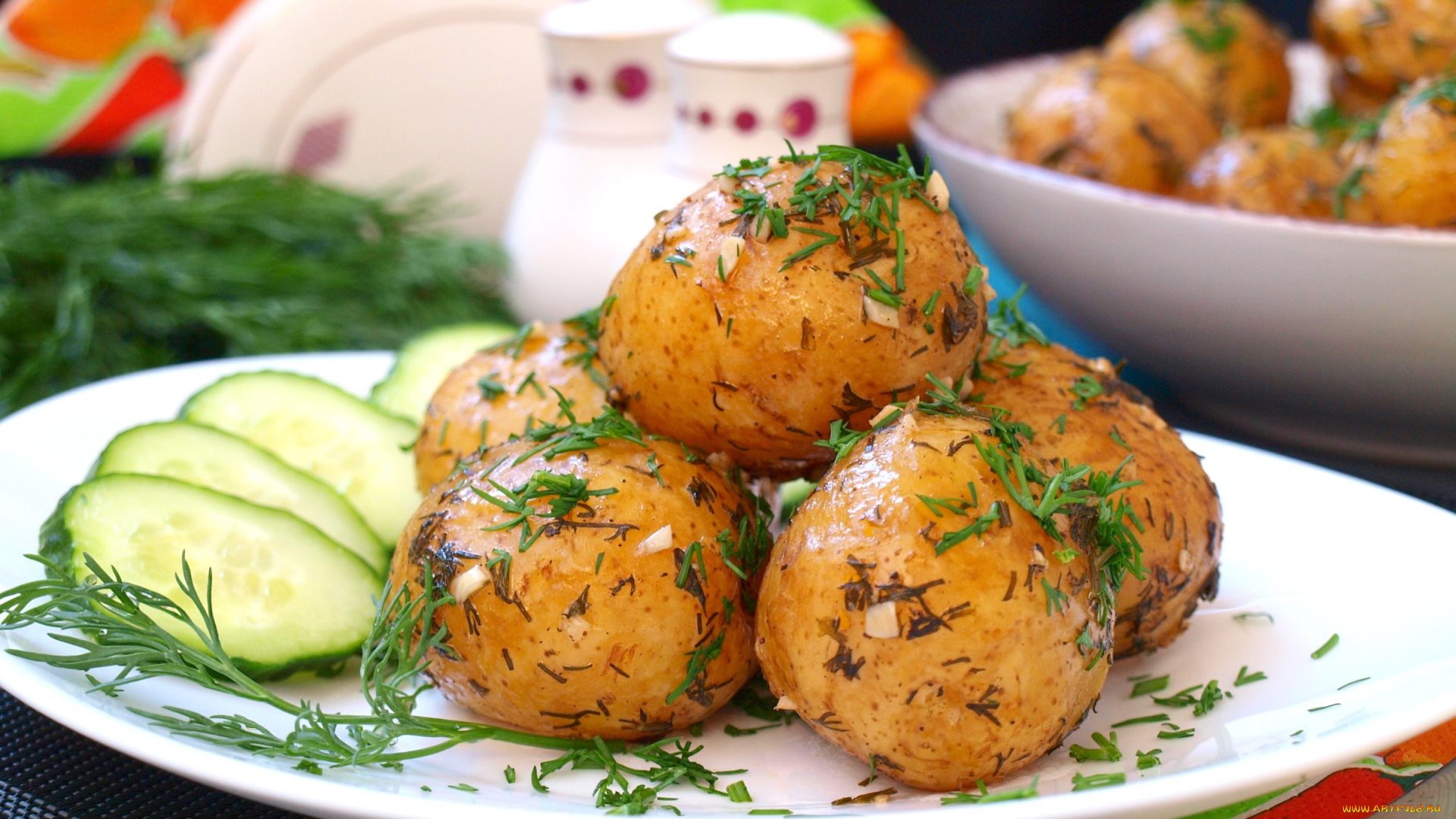 еда, картофель, укроп, огурцы