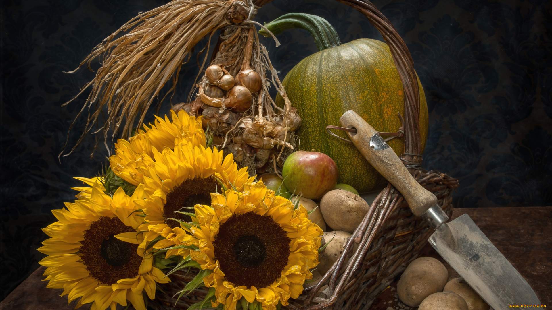 еда, натюрморт, лук, подсолнухи, картофель, нож, тыква, яблоко