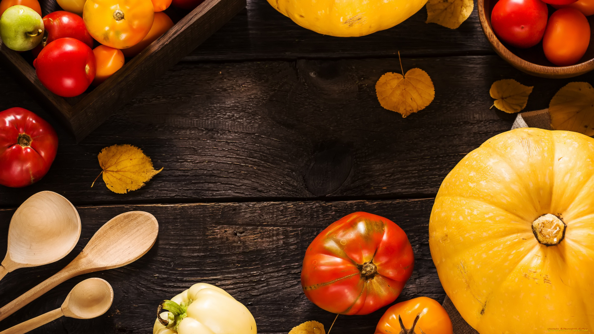 еда, овощи, помидоры, ложки, тыква, перец, томаты