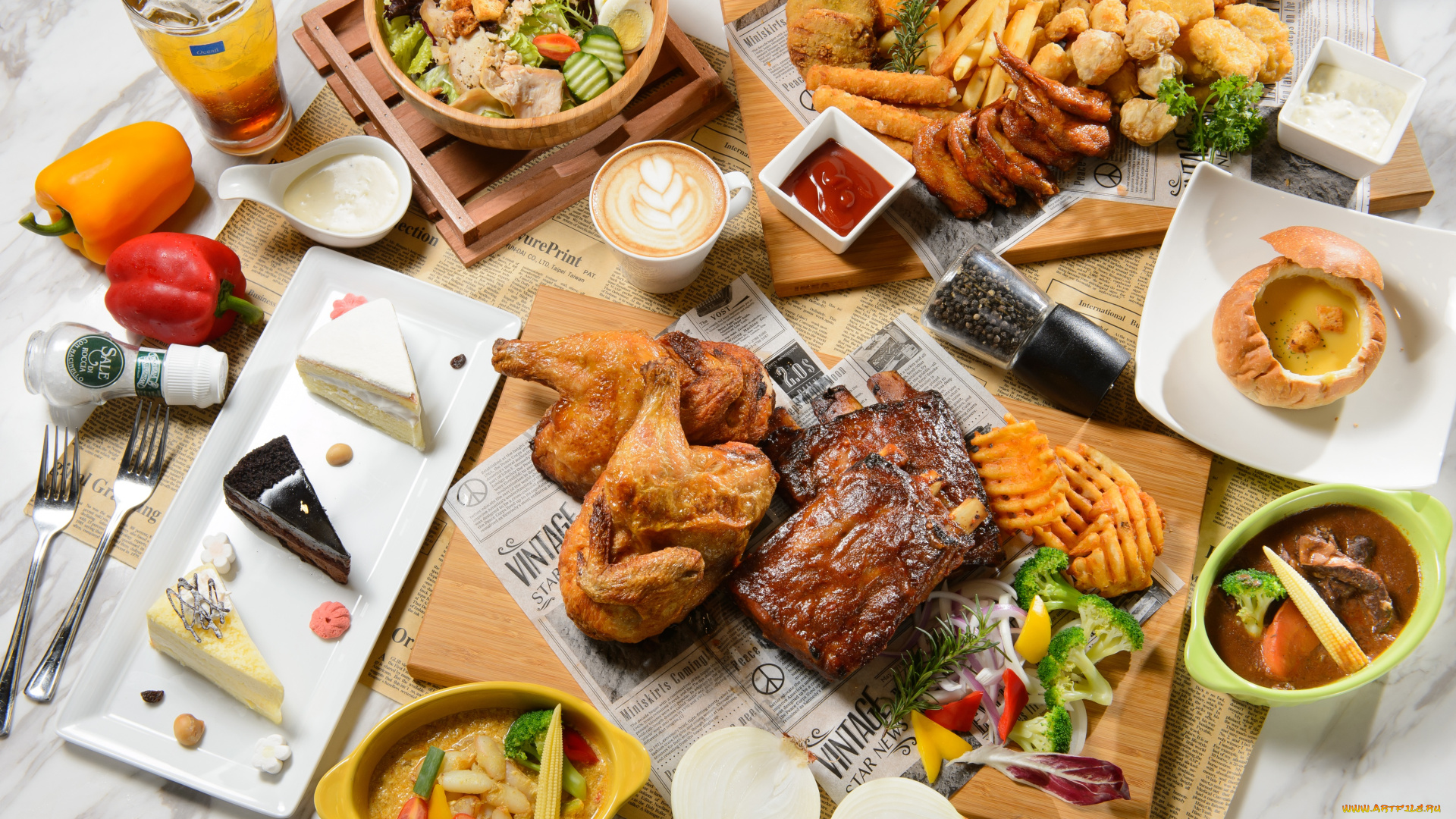 еда, разное, мясо, соус, салат, курица, кофе, овощи, пирожные, ассорти, перец, блюда