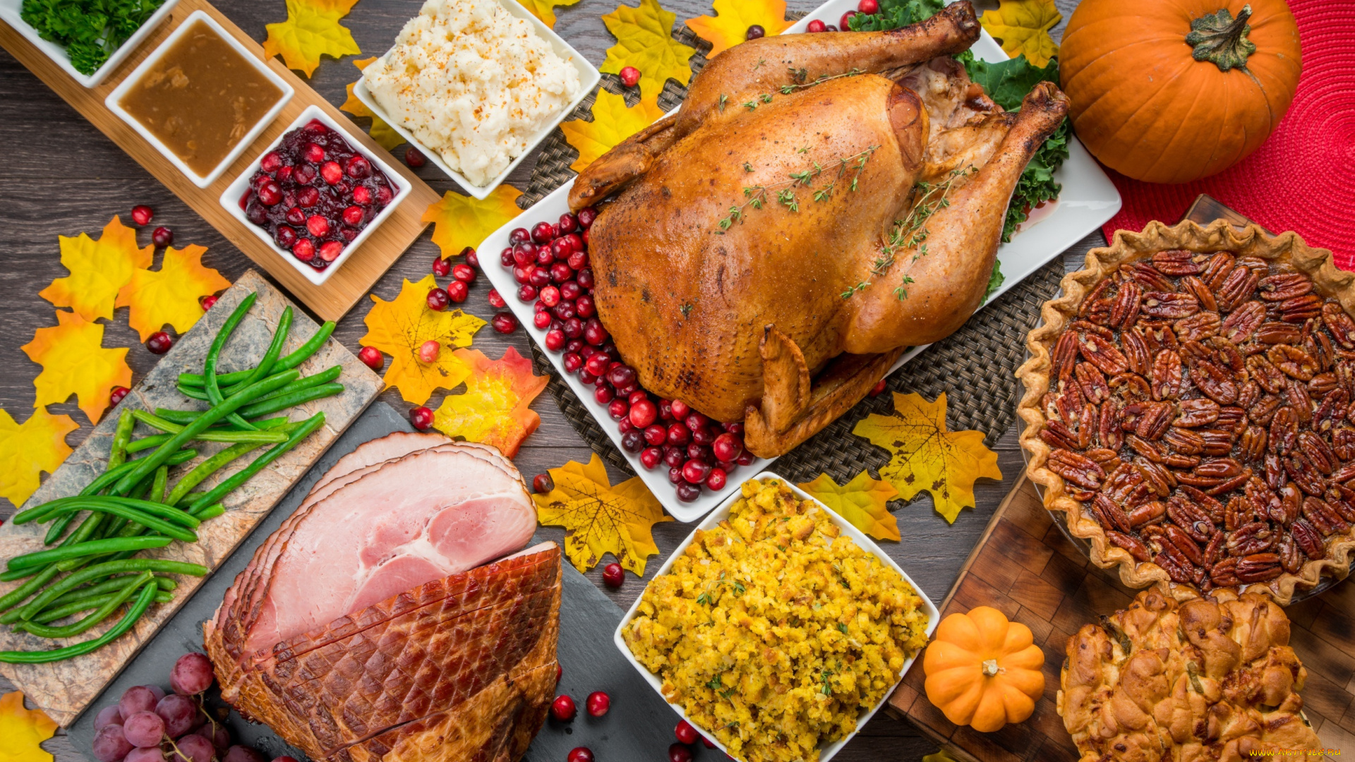 еда, разное, тыква, соус, фасоль, ветчина, пекан, индейка, салат, мясо, виноград, пирог