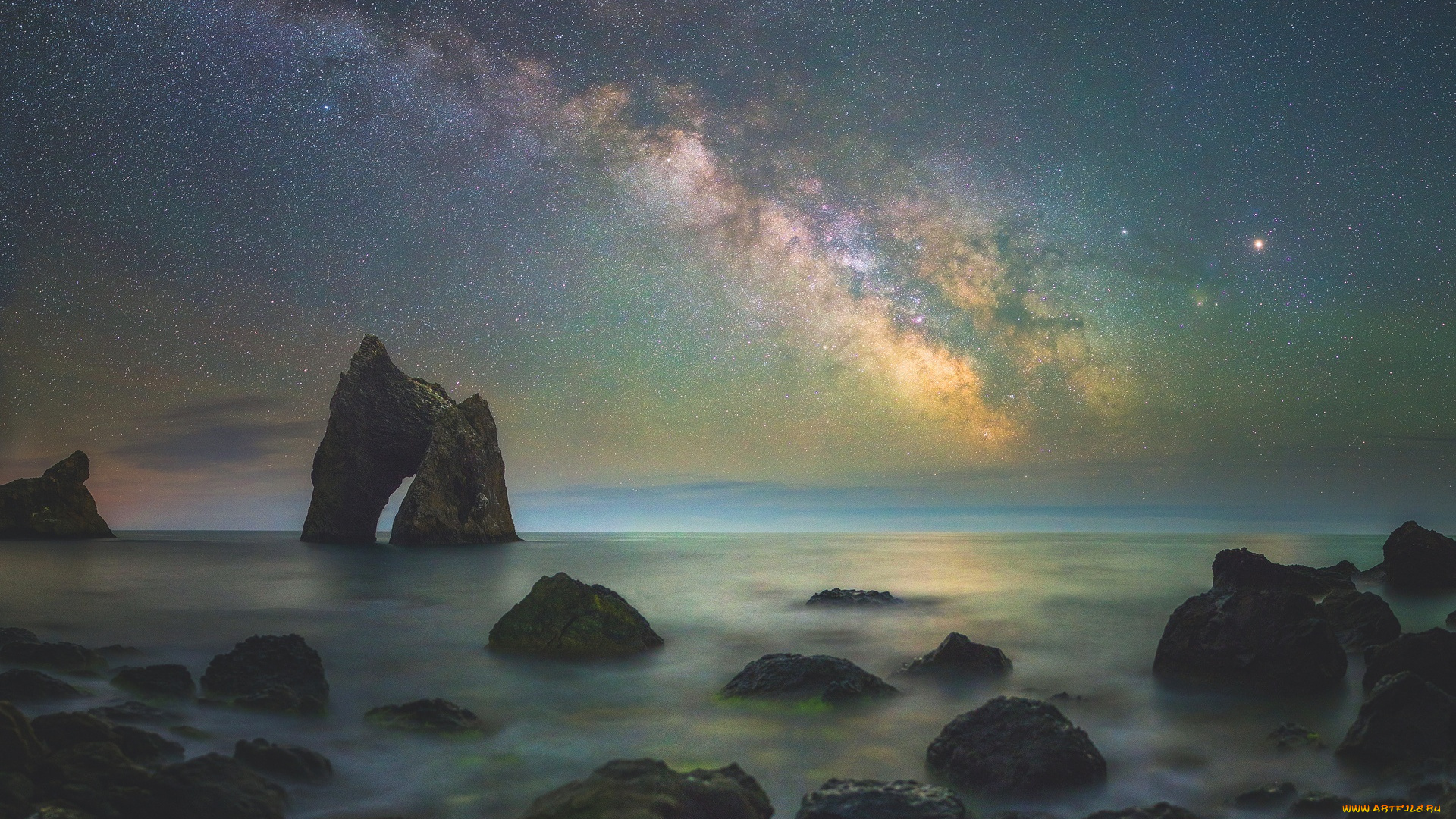 карадагский, заповедник, , крым, природа, побережье, море, берег, небо, звезды, млечный, путь, ночь, скалы, камни