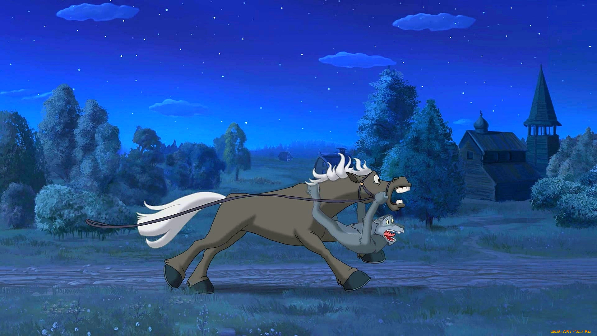 мультфильмы, иван, царевич, и, серый, волк, 2, лошадь, волк, дорога, здание, природа