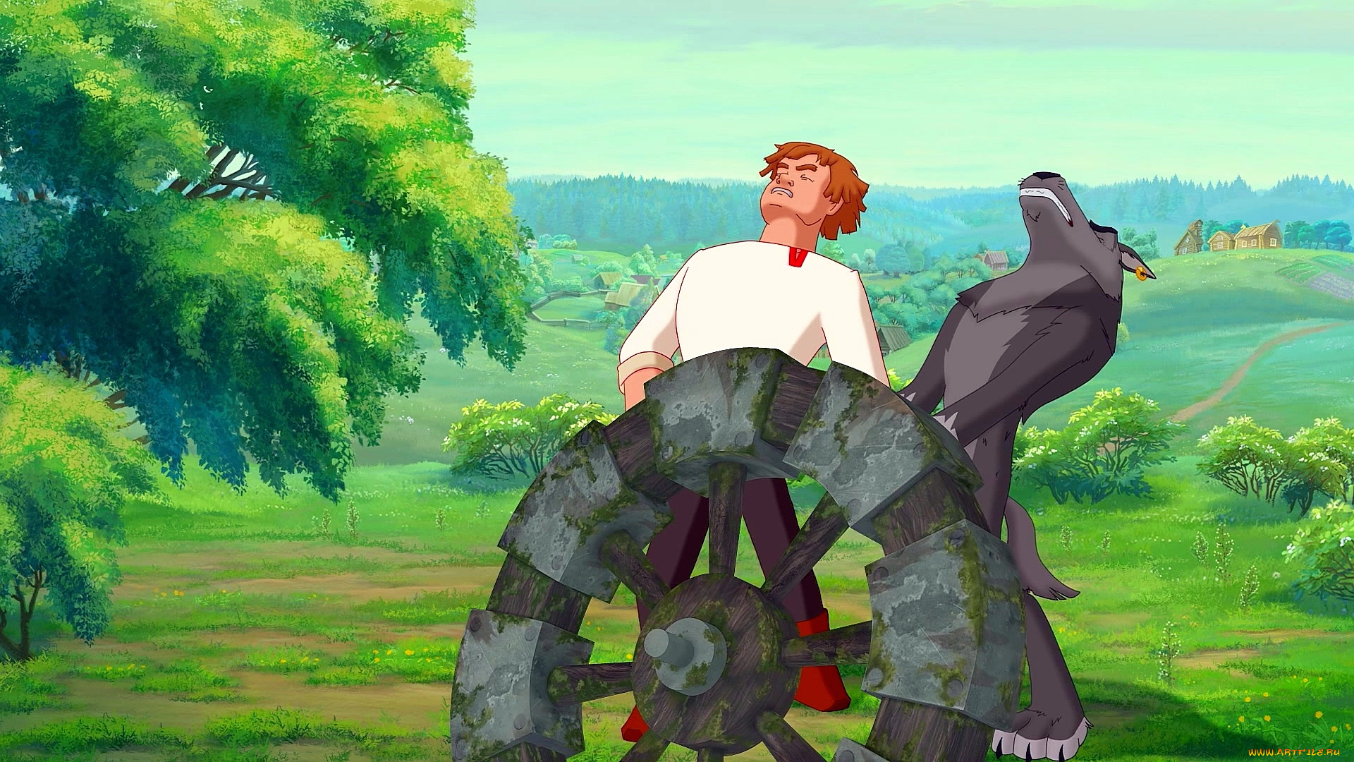 мультфильмы, иван, царевич, и, серый, волк, 2, парень, волк, колесо, природа