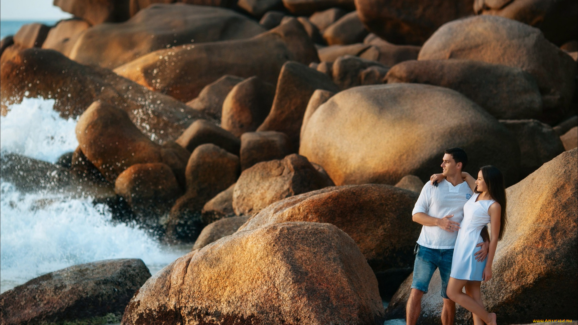 разное, мужчина, женщина, камни, валуны, берег, океан, пара, влюблённые