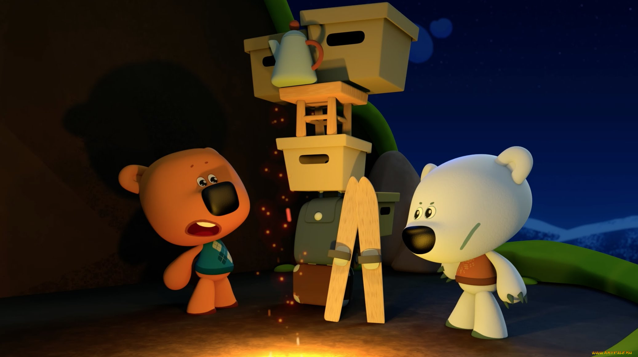 мультфильмы, ми-ми, мишки, лыжи, ночь, мишка, ми, мишки, мультик