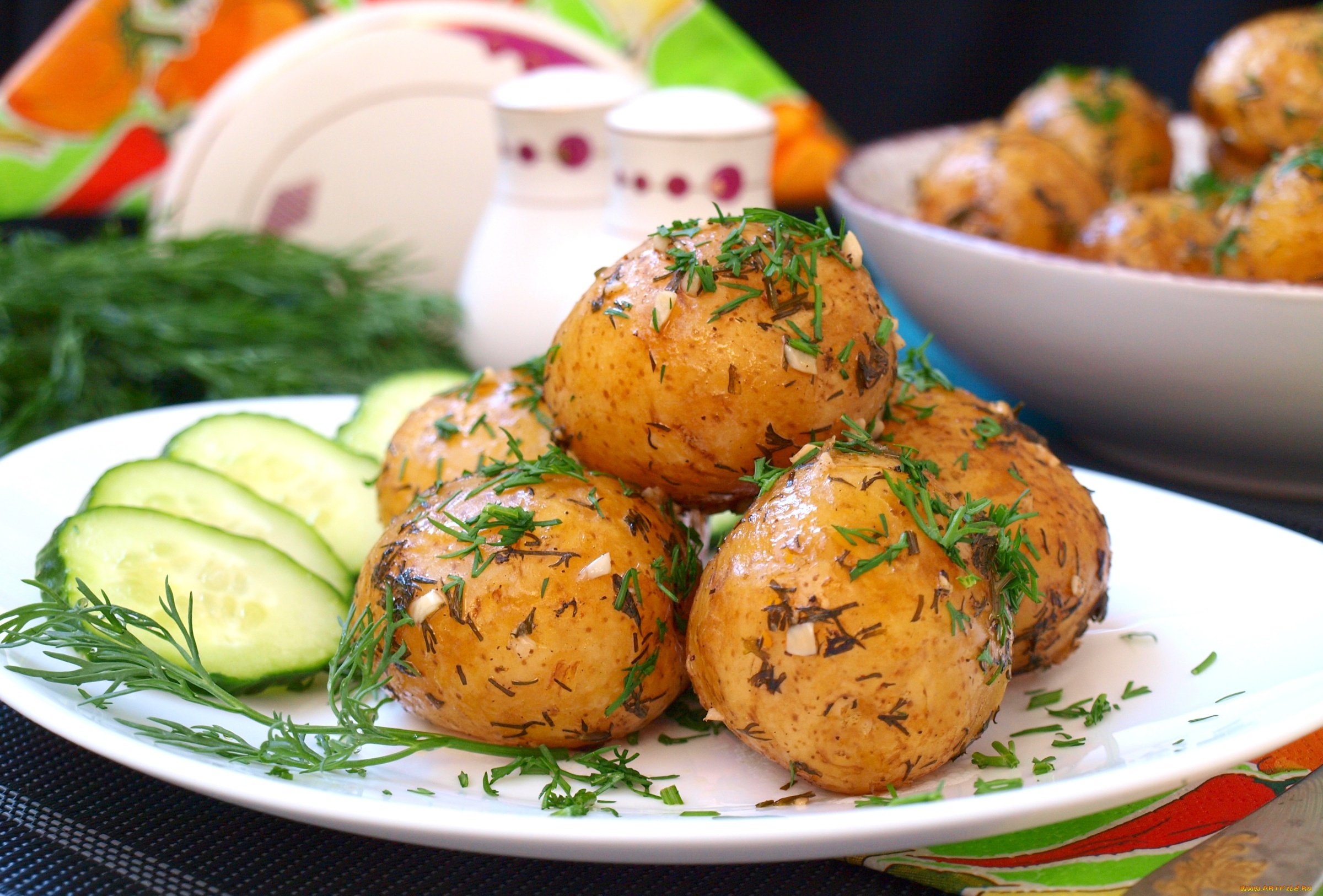 еда, картофель, укроп, огурцы