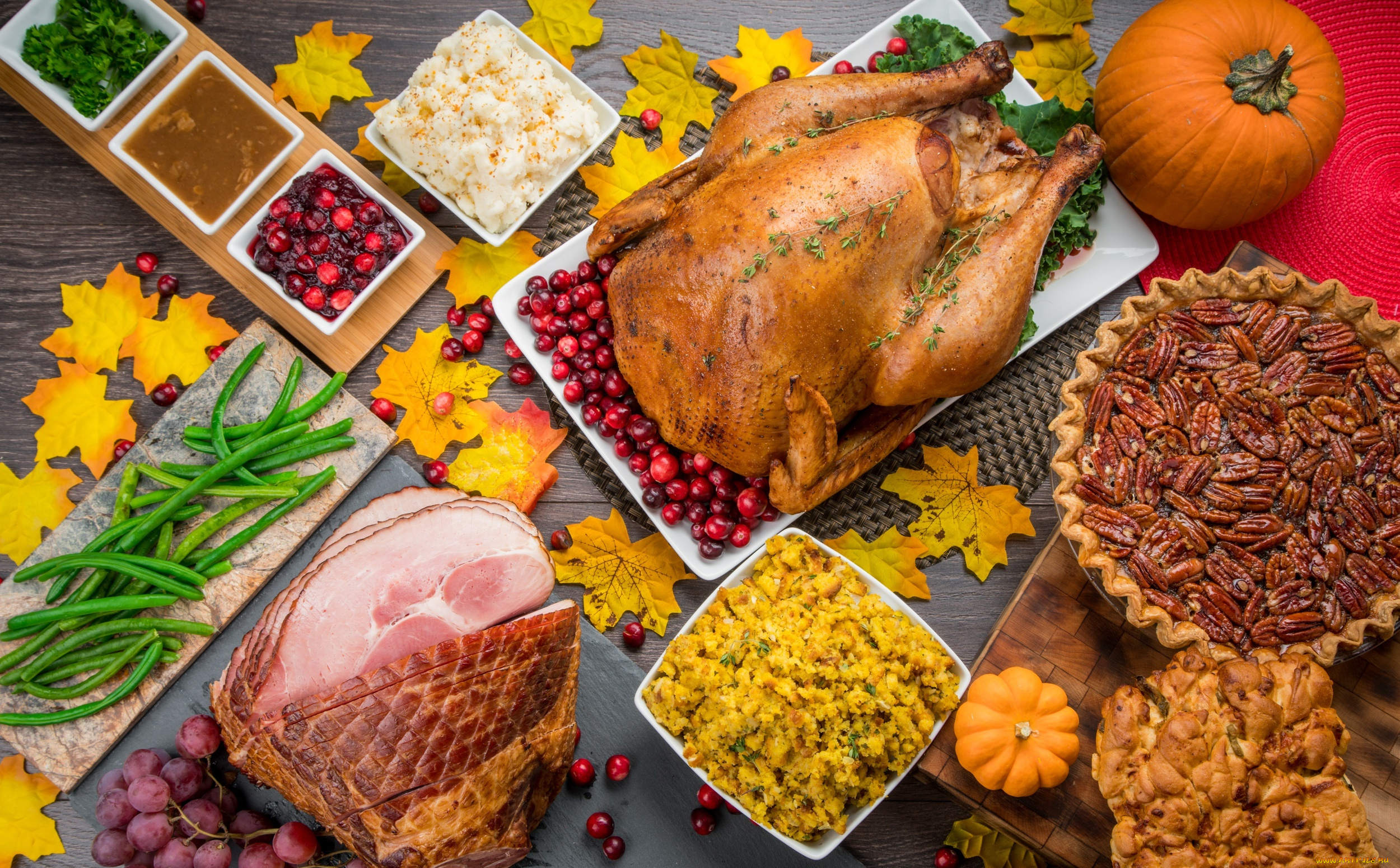еда, разное, тыква, соус, фасоль, ветчина, пекан, индейка, салат, мясо, виноград, пирог