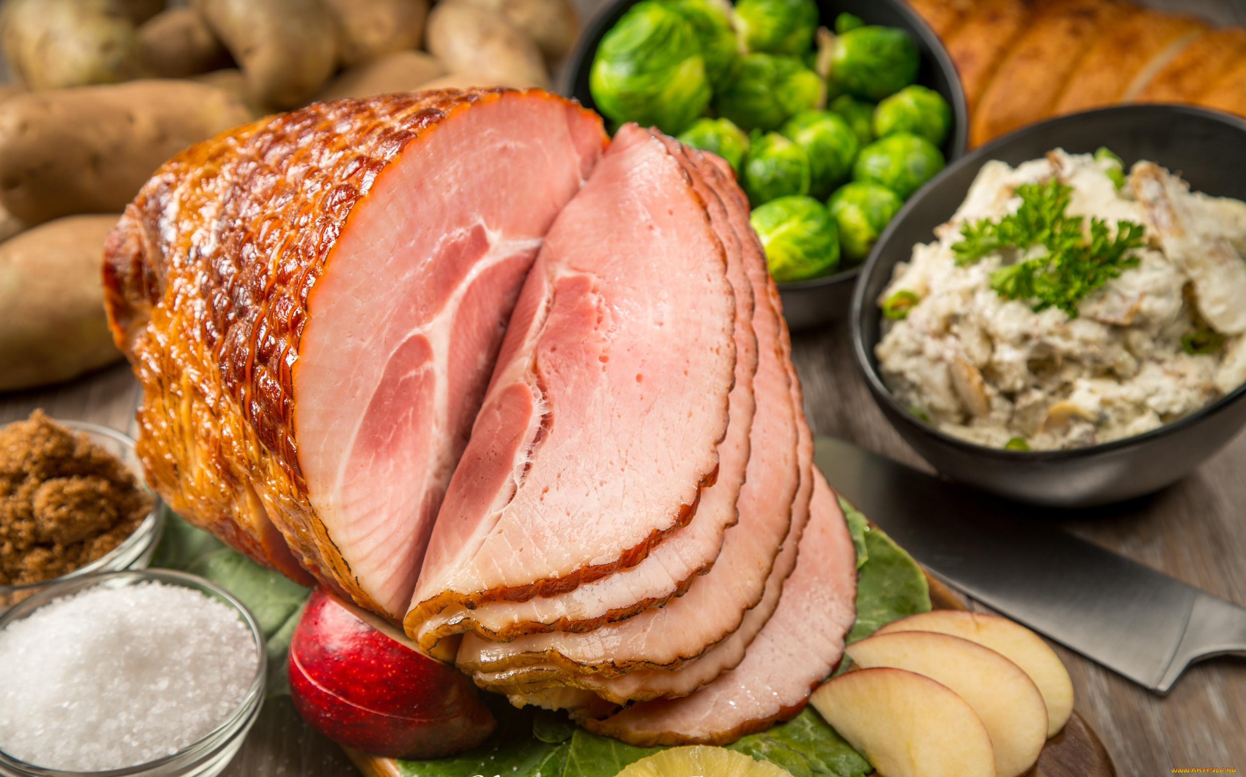 еда, колбасные, изделия, соус, салат, ветчина, мясо, брюссельская, капуста