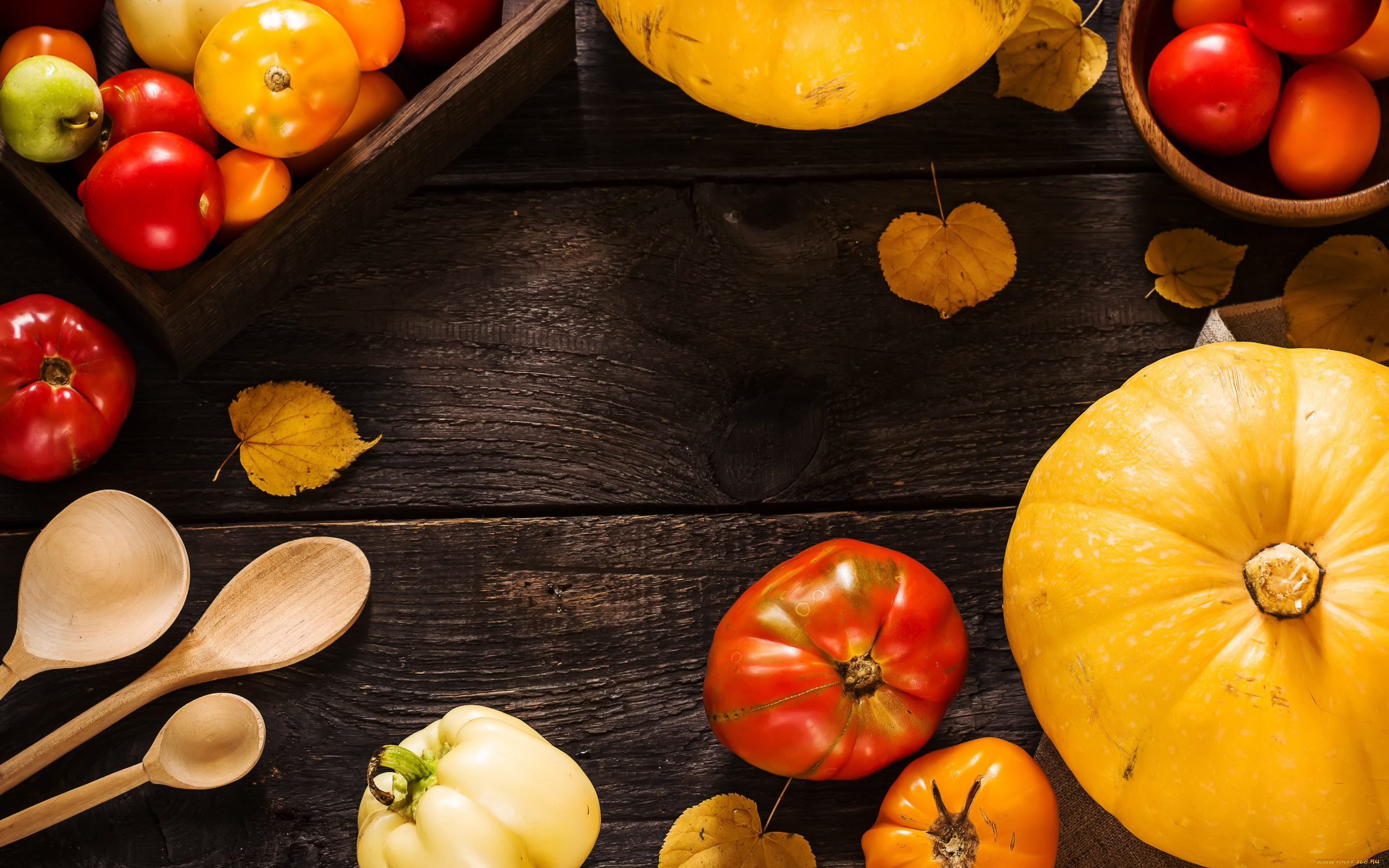 еда, овощи, помидоры, ложки, тыква, перец, томаты