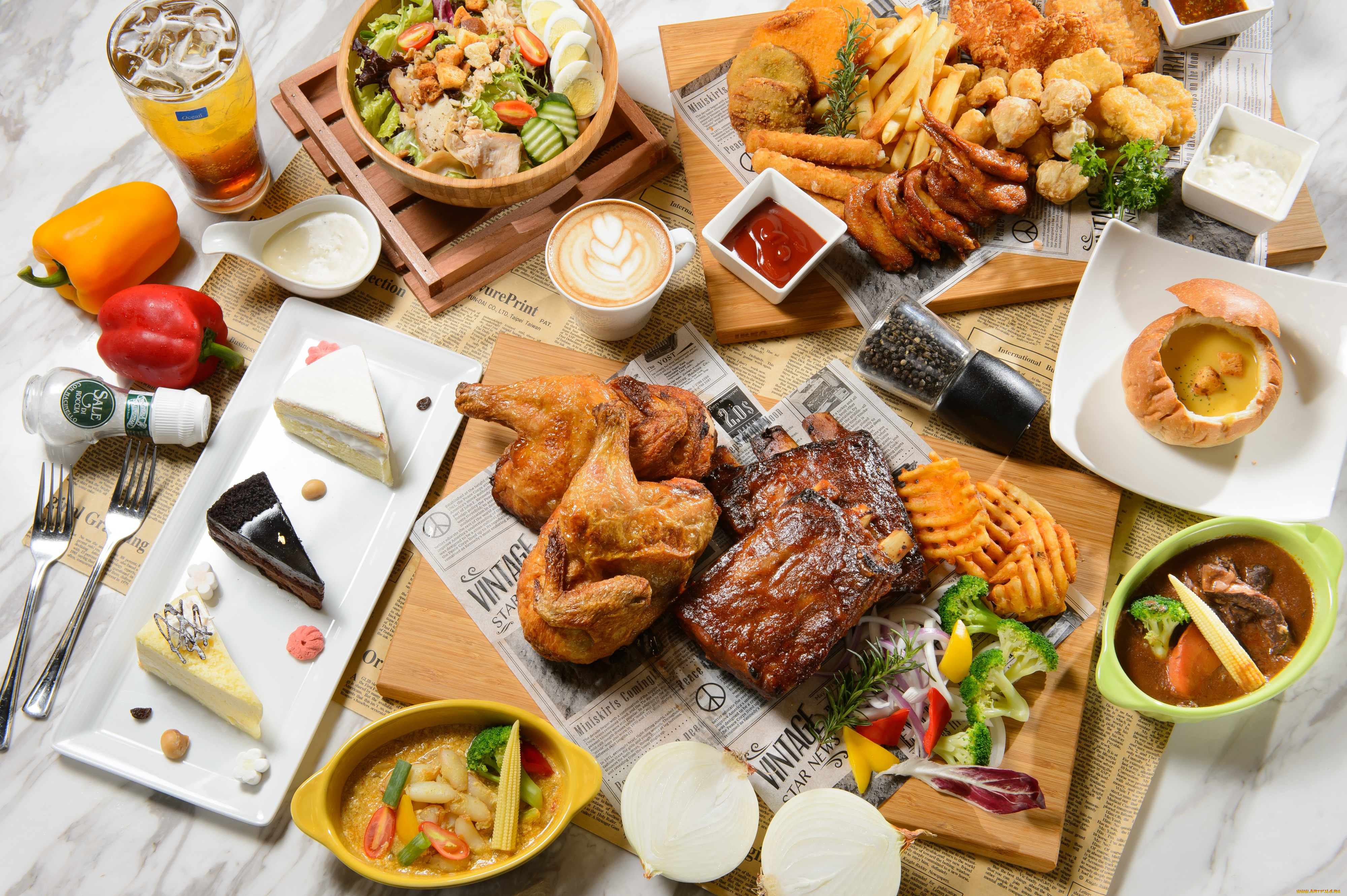 еда, разное, мясо, соус, салат, курица, кофе, овощи, пирожные, ассорти, перец, блюда