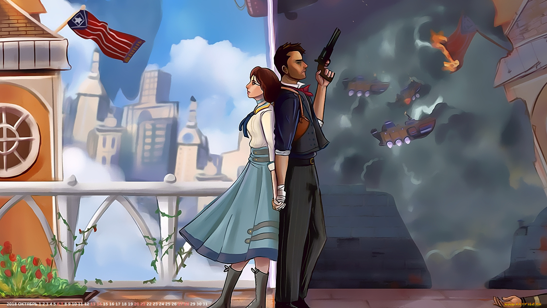 календари, видеоигры, мужчина, девушка, флаг, оружие
