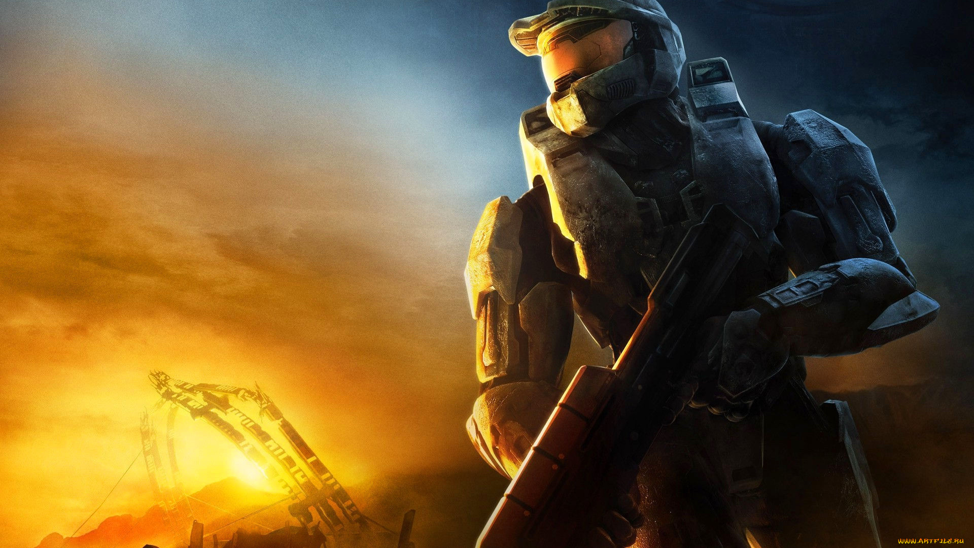 видео, игры, halo, 3, броня, шлем, воин, оружие, развалины, пожар, огонь