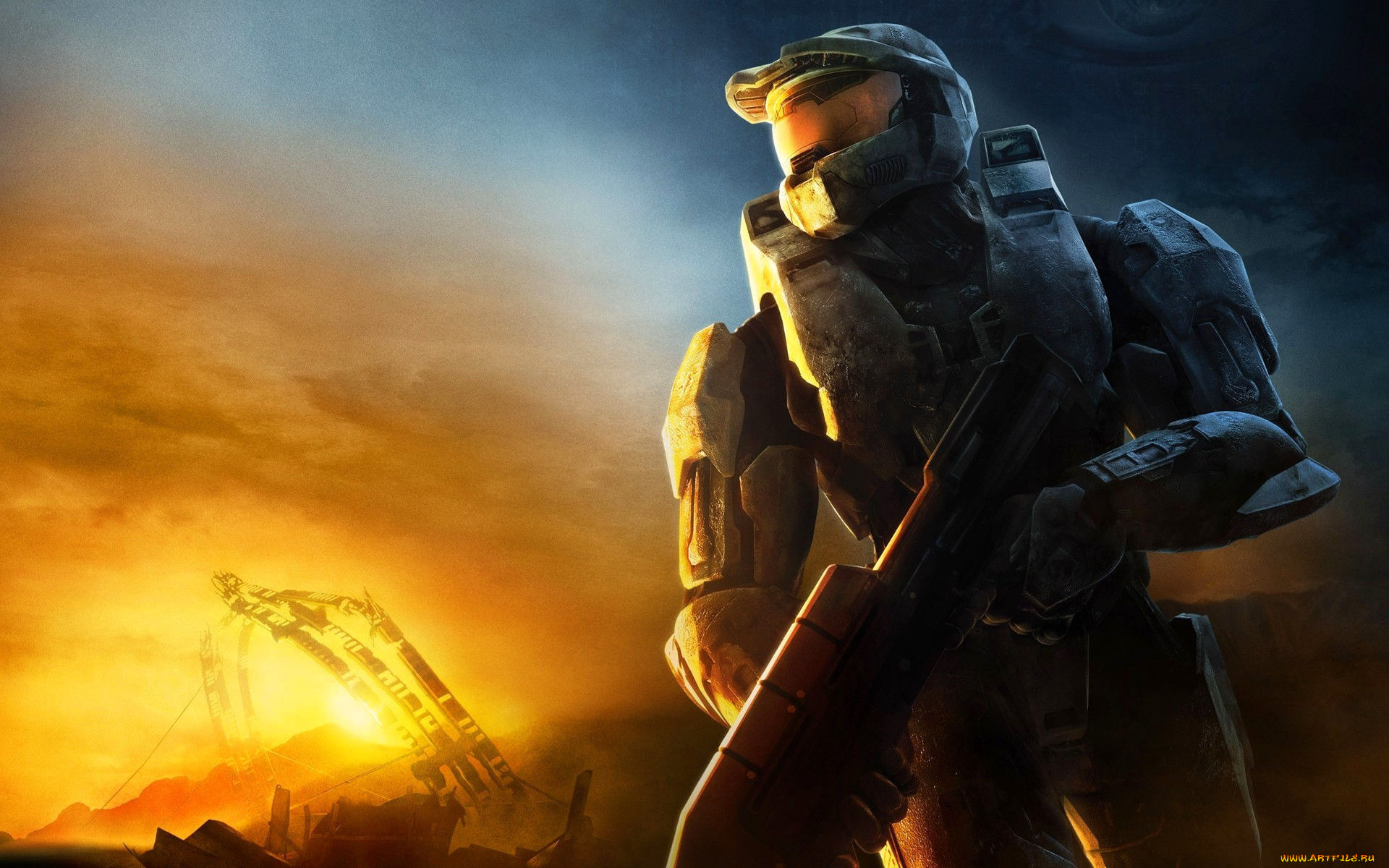 видео, игры, halo, 3, броня, шлем, воин, оружие, развалины, пожар, огонь