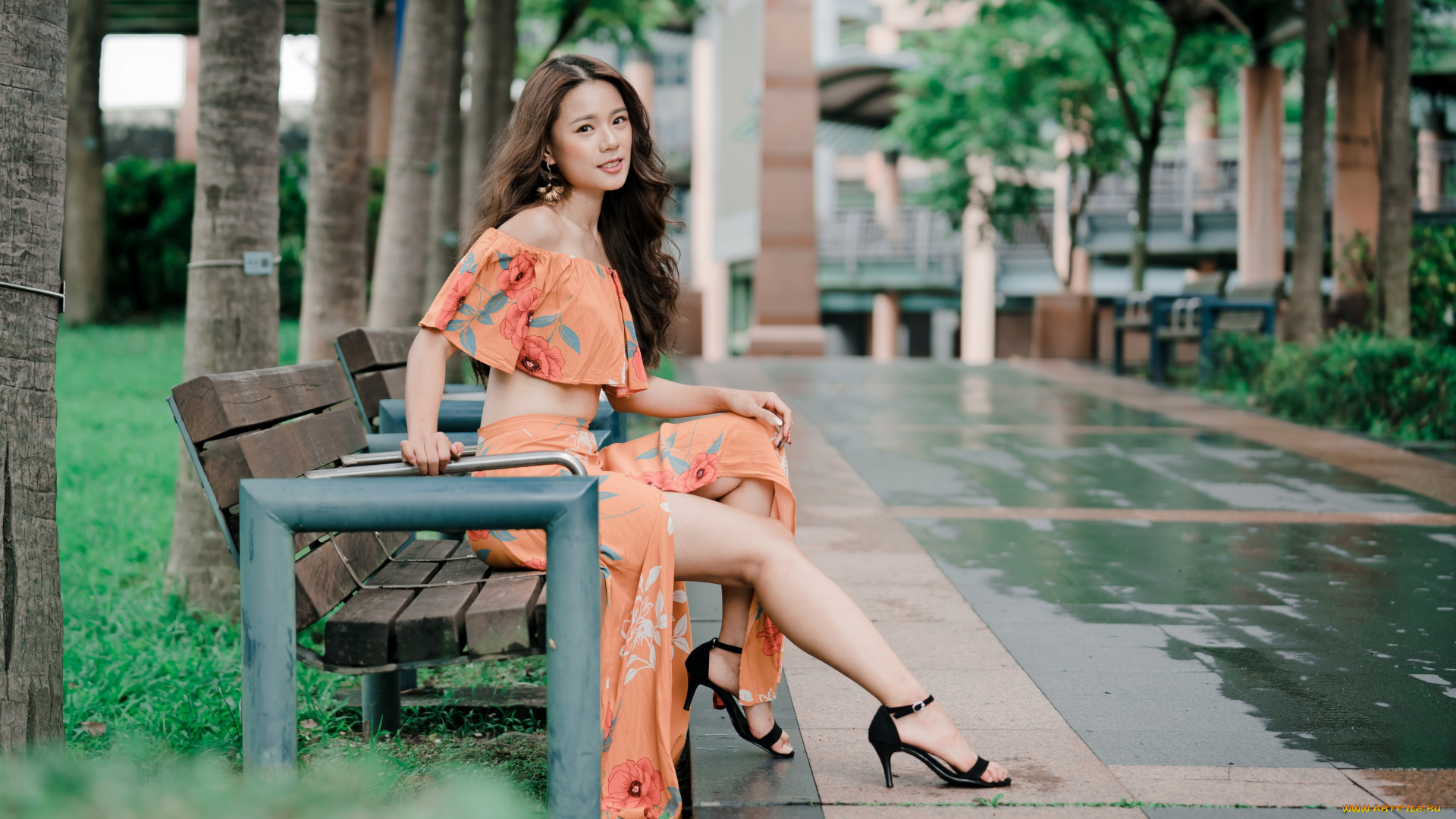 девушки, -unsort, , азиатки, деревья, девушка, скамья, волосы, азиатка