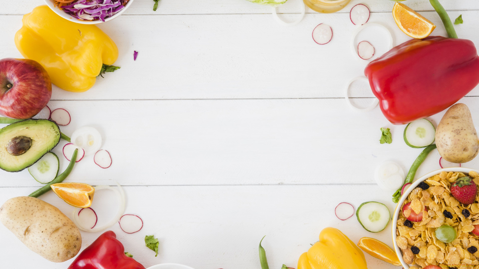 еда, фрукты, и, овощи, вместе, картофель, авокадо, перец