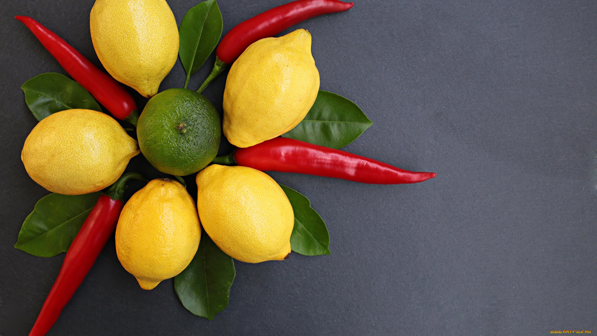 еда, фрукты, и, овощи, вместе, лайм, острый, перец, лимоны