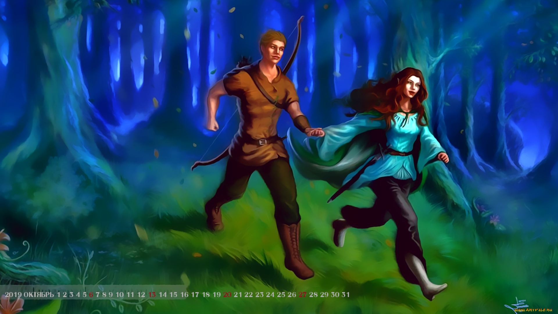 календари, фэнтези, 2019, дерево, растение, calendar, природа, девушка, мужчина, лес
