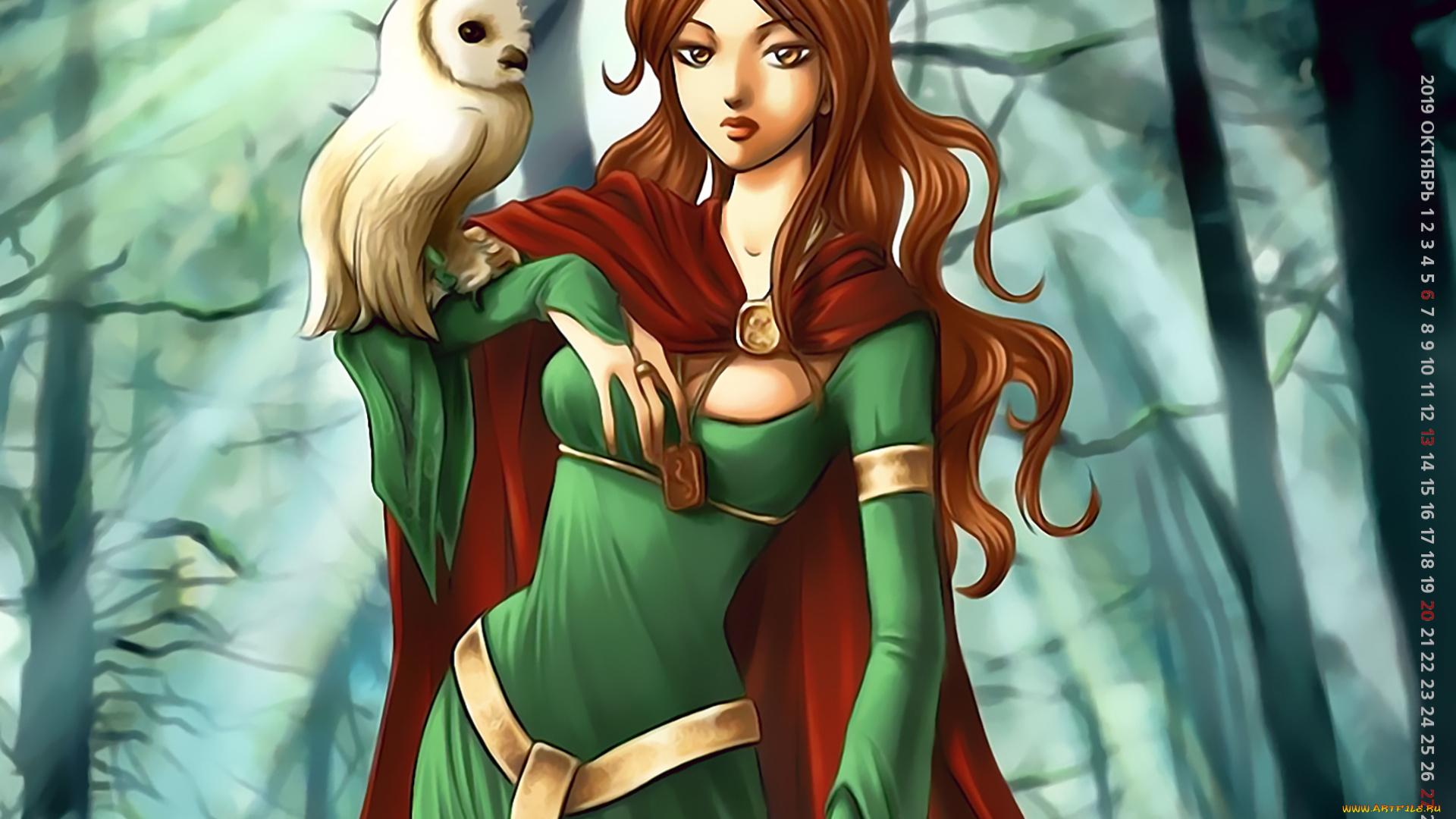 календари, фэнтези, calendar, взгляд, 2019, девушка, сова, птица