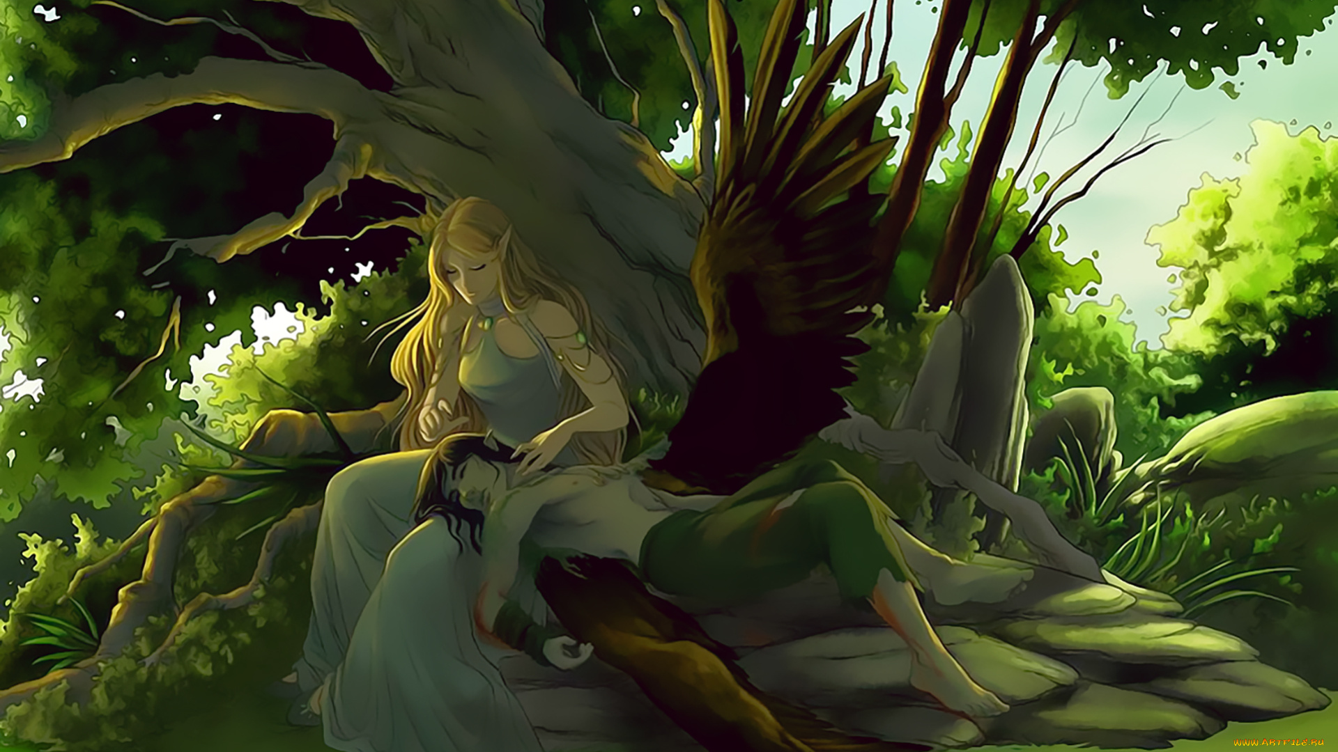 календари, фэнтези, дерево, природа, calendar, 2019, мужчина, крылья, девушка