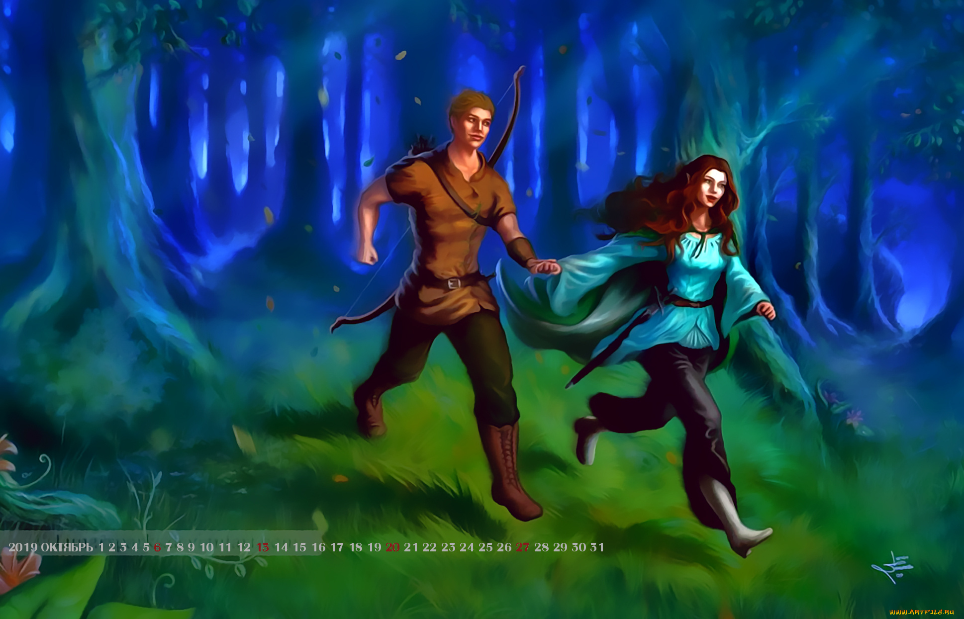 календари, фэнтези, 2019, дерево, растение, calendar, природа, девушка, мужчина, лес