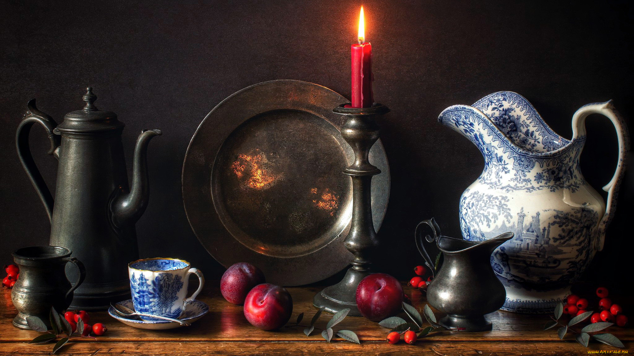 еда, натюрморт, кувшин, сливы, блюдо, свеча