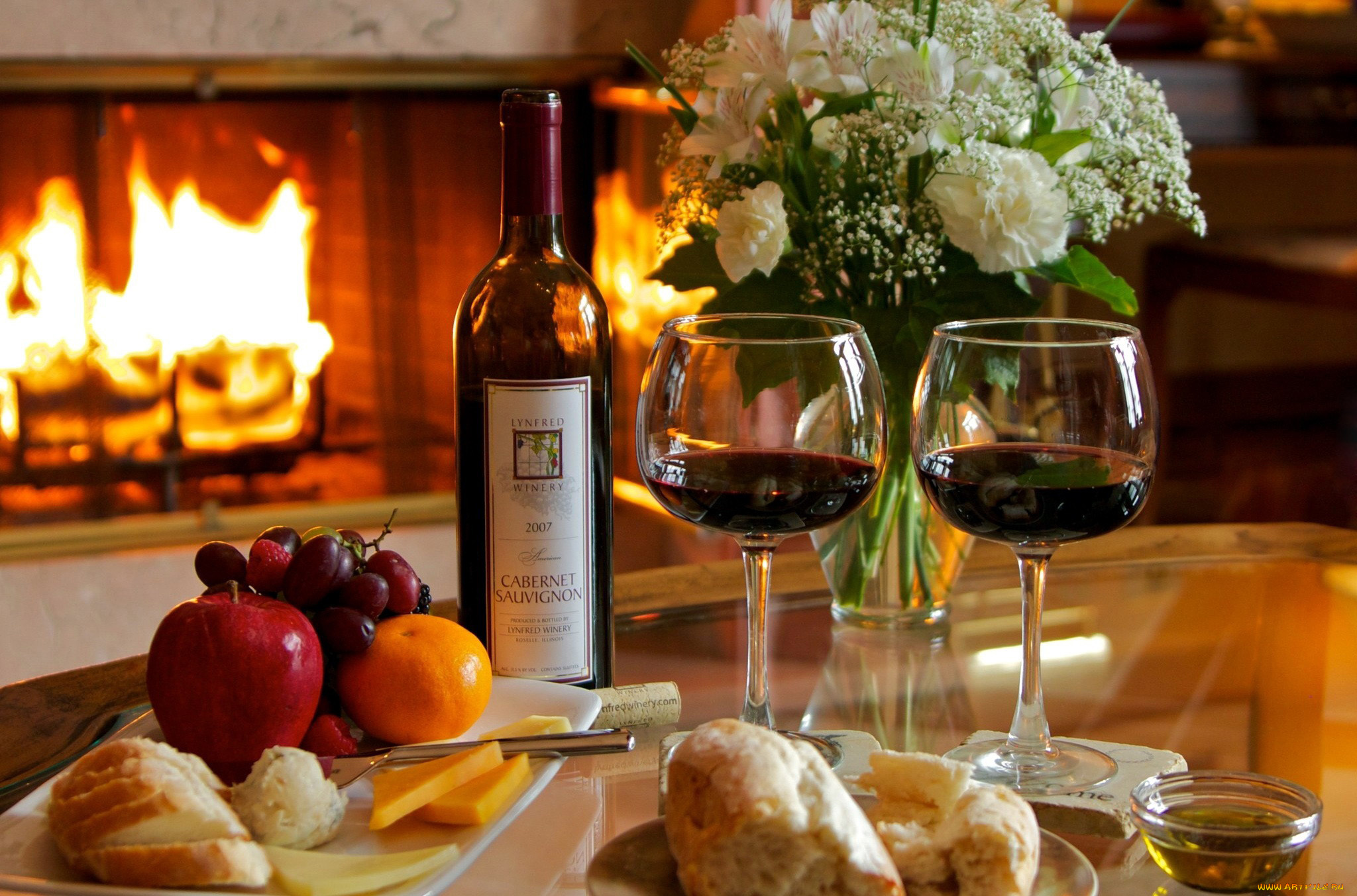 еда, разное, вино, фрукты, сыр, огонь