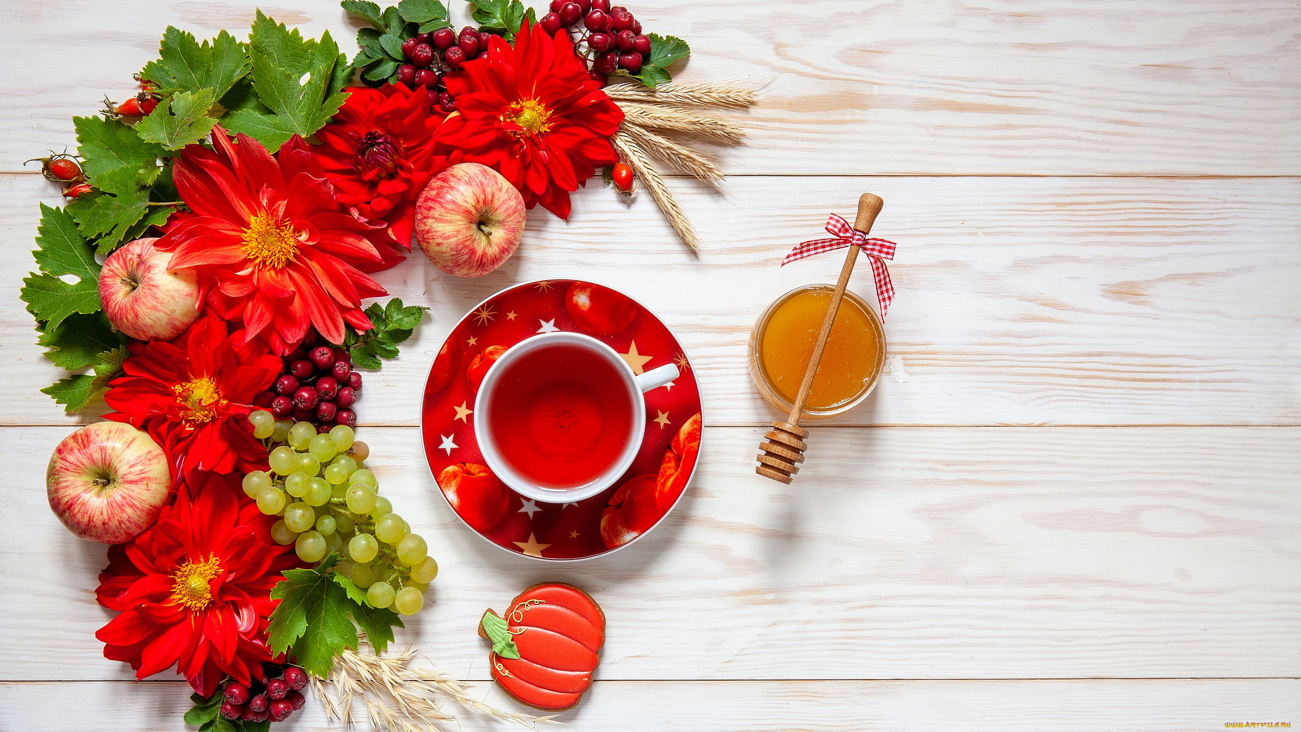 еда, разное, георгины, мед, чай, виноград, яблоки