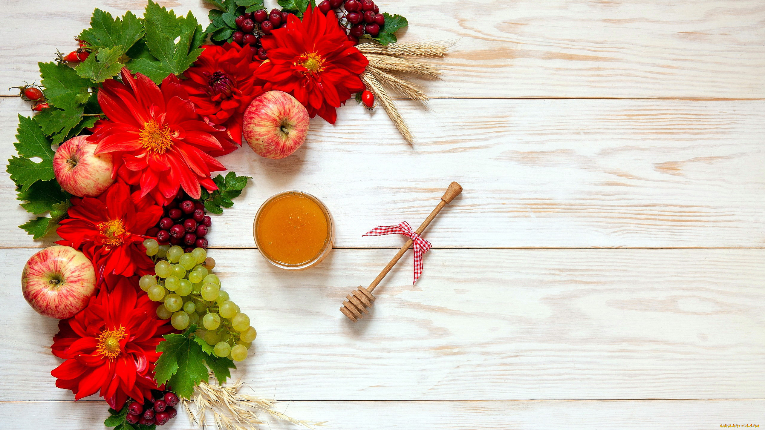 еда, разное, георгины, мед, виноград, яблоки