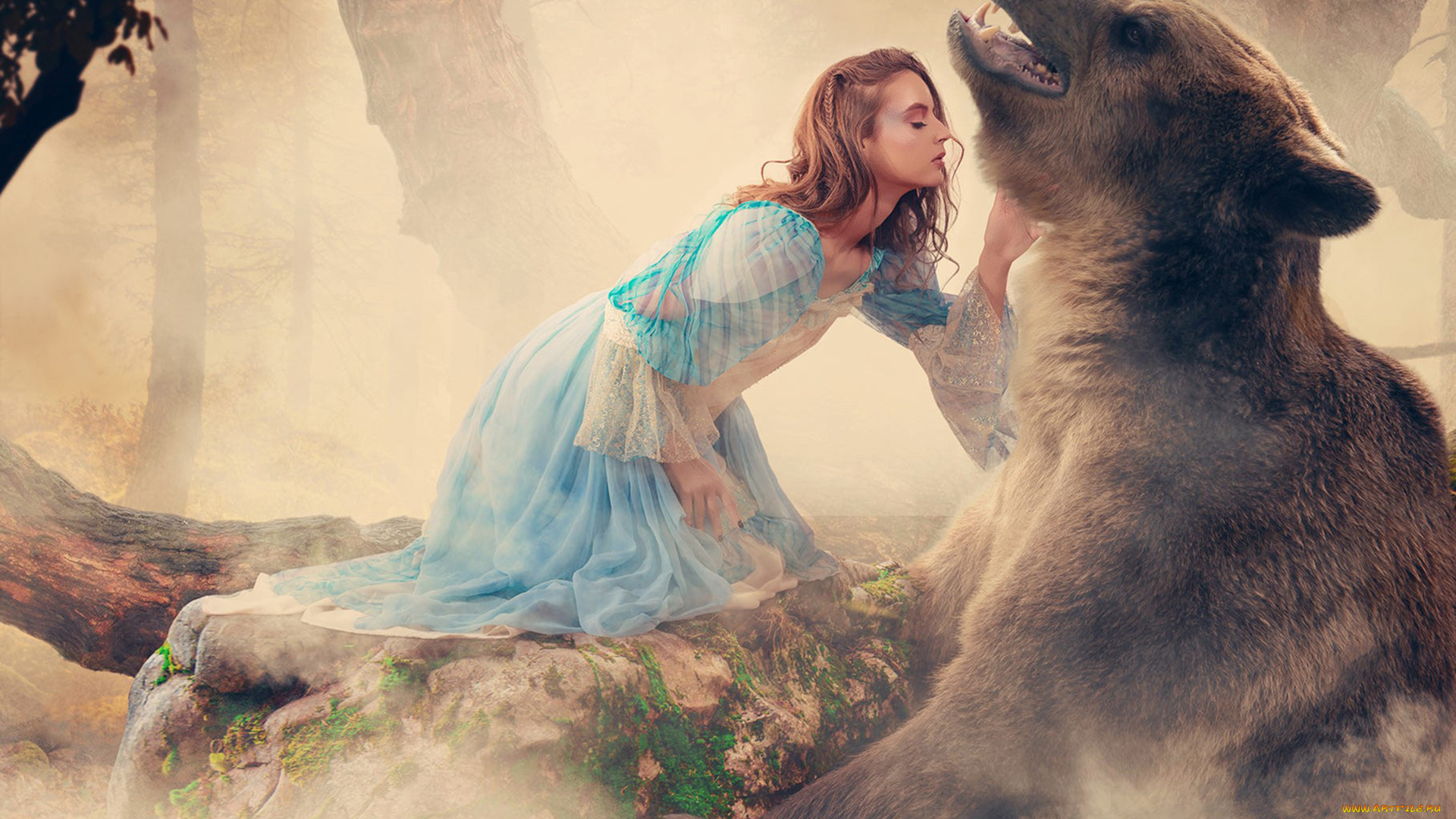 фэнтези, фотоарт, девушка, медведь, животное, лес, дремучий, деревья, сказка, платье