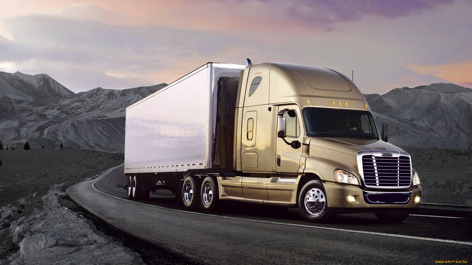 автомобили, freightliner, трейлер, дорога, шоссе, горы