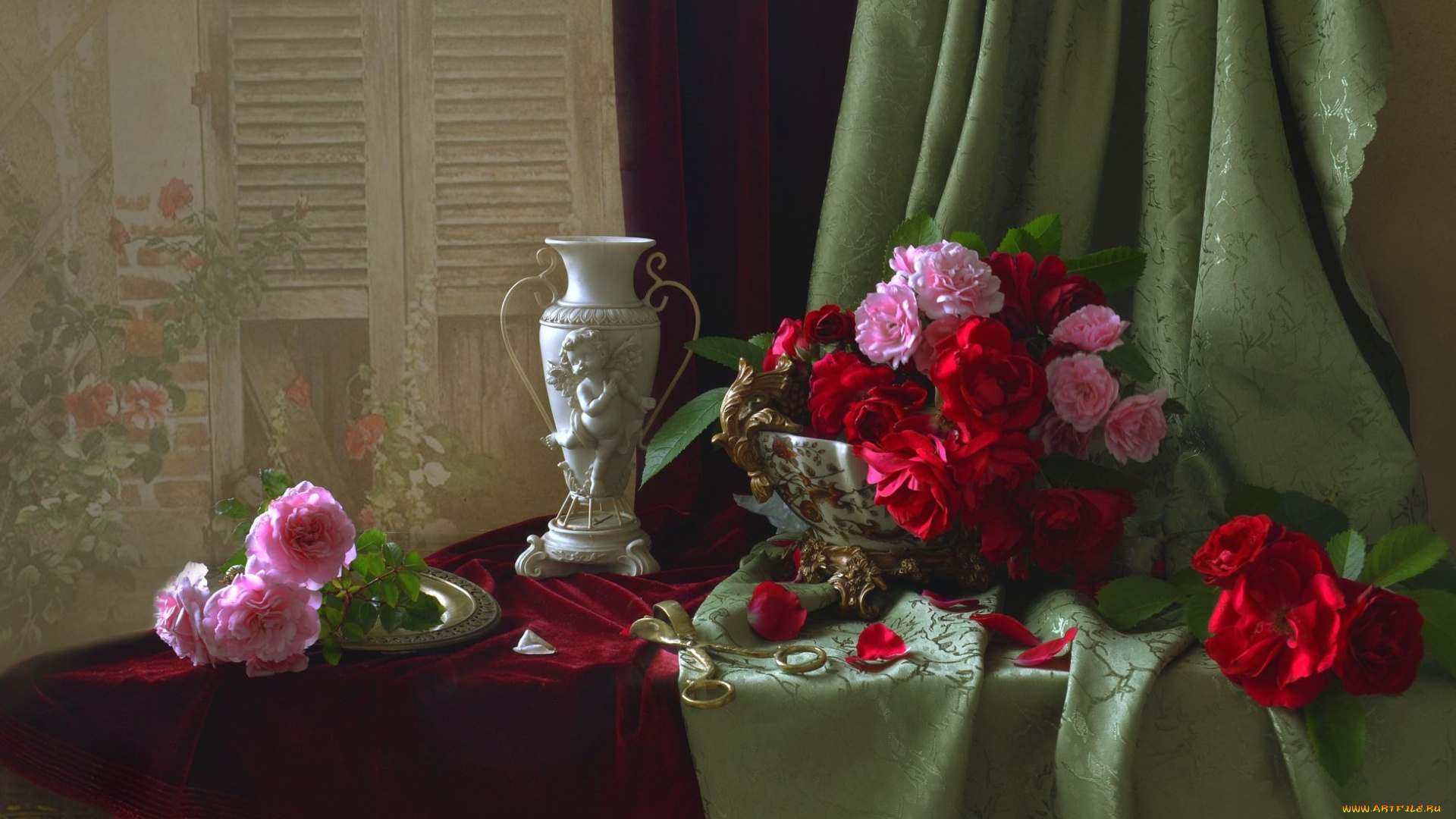 цветы, розы, алые, розовые, композиция