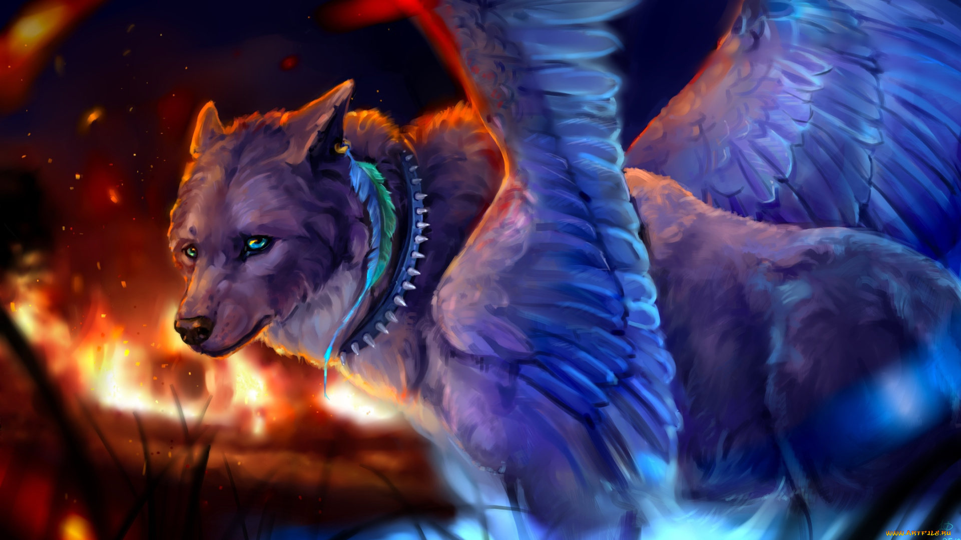 фэнтези, существа, волк, перо, ошейник, крылья, огонь