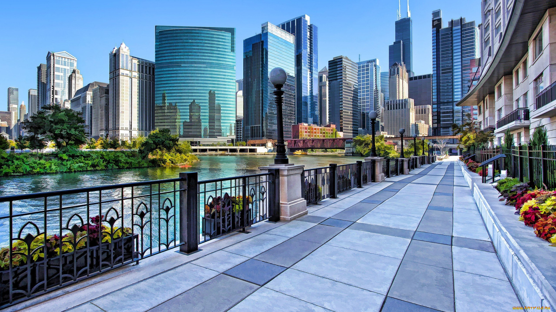 разное, компьютерный, дизайн, город, улица, река, здания