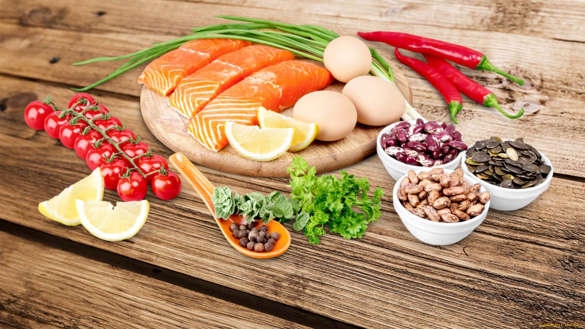 еда, рыба, , морепродукты, , суши, , роллы, форель, лимон, перец, помидоры, фасоль