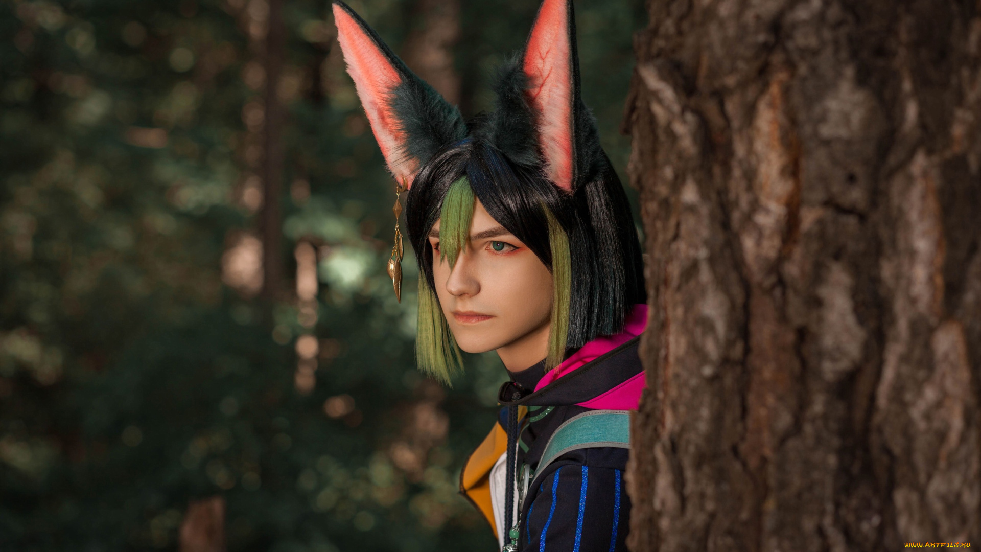 мужчины, -, креатив, , косплей, образ, костюм, уши, лицо, лес