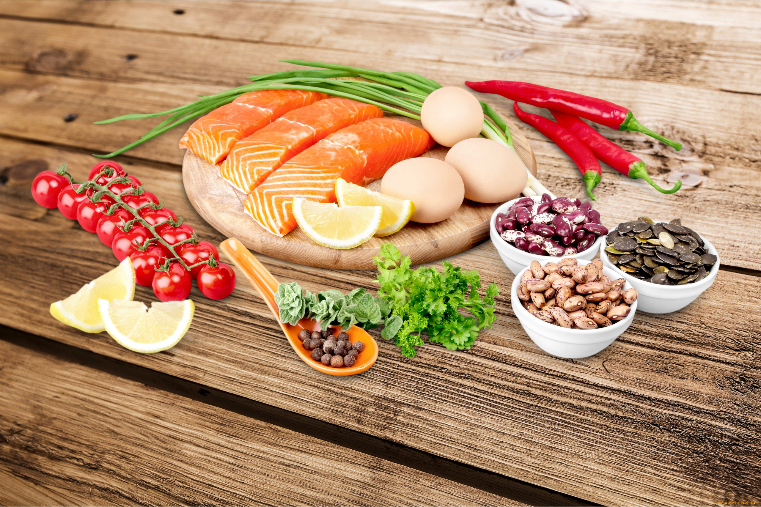 еда, рыба, , морепродукты, , суши, , роллы, форель, лимон, перец, помидоры, фасоль