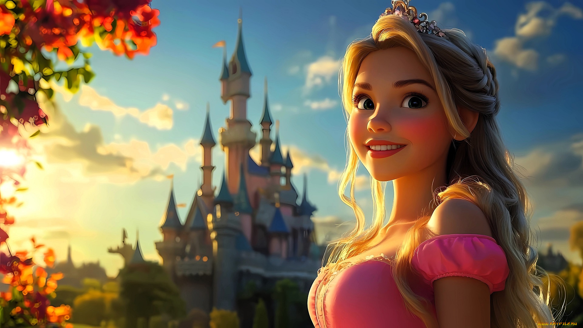 3д, графика, мультфильмы, , кино, , видео, игры, девушка, принцесса, диадема, замок, парк, осень