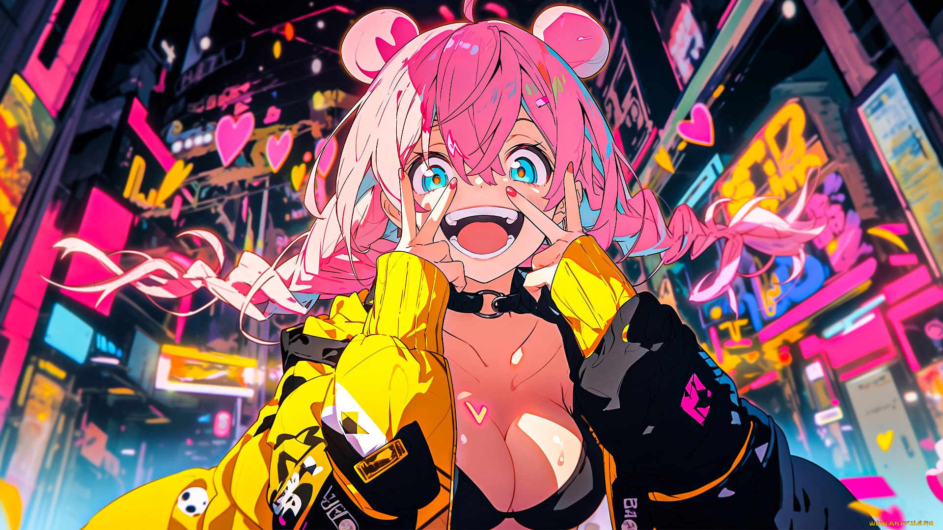 аниме, город, , улицы, , интерьер, , здания, девушка, розовые, волосы, жест, неон, сердечки