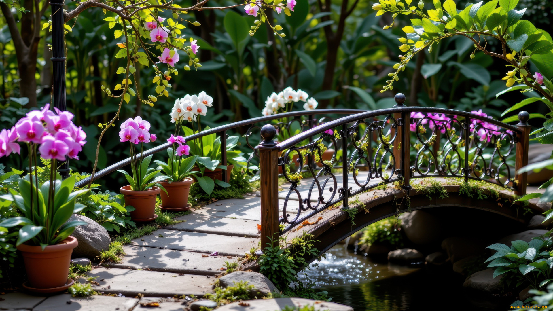 автор, wp, stl, 3д, графика, природа, , nature, парк, водоем, мостик, орхидеи