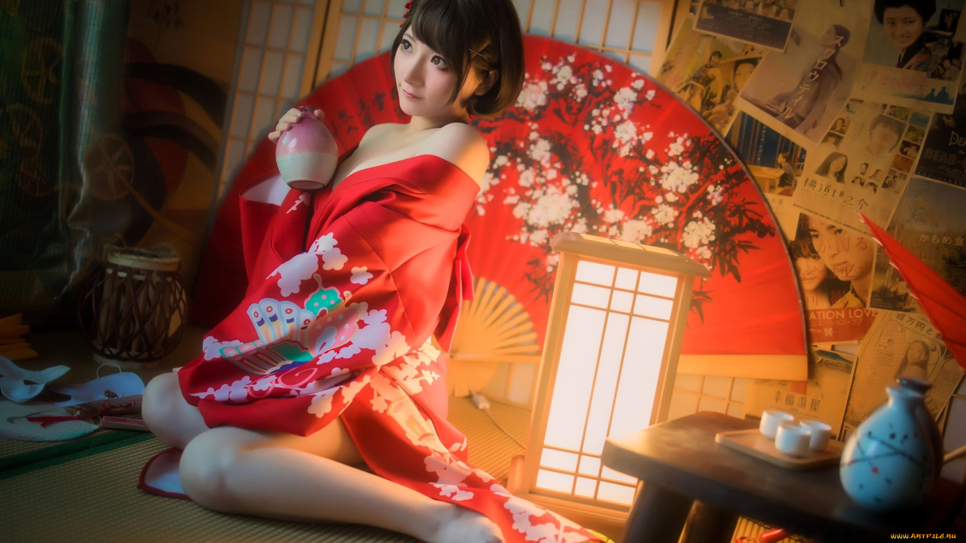 девушки, -, азиатки, шатенка, кимоно, кувшин, образ, косплей, веер