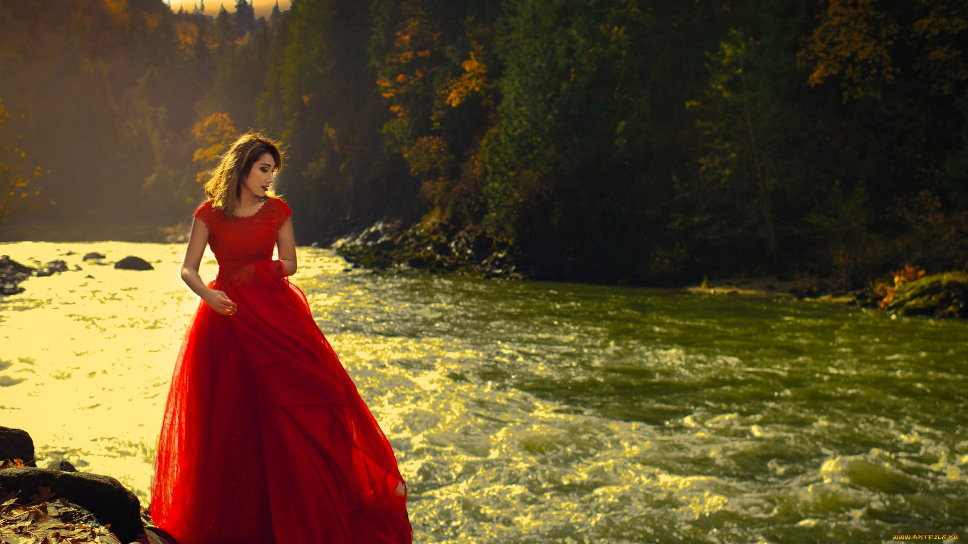 девушки, -, брюнетки, , шатенки, шатенка, платье, лес, осень, река