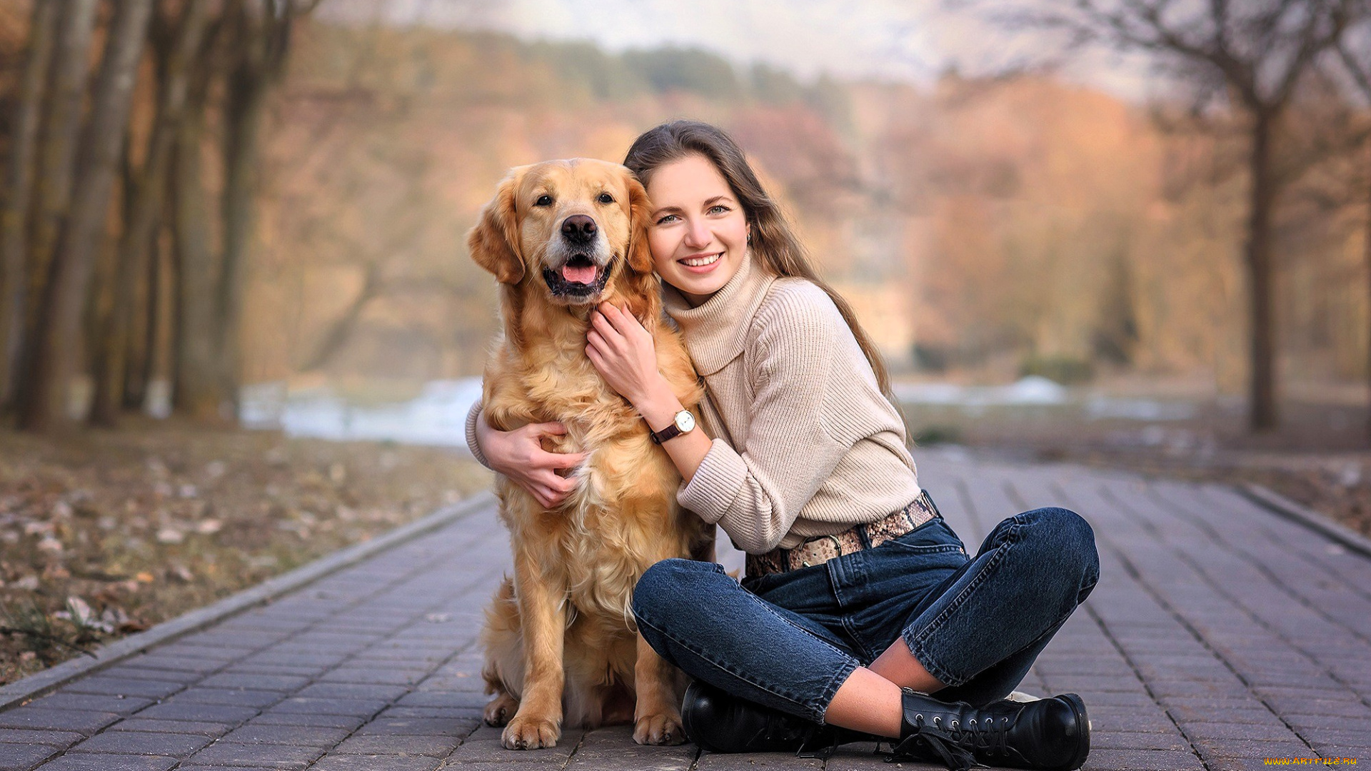 девушки, -, брюнетки, , шатенки, шатенка, свитер, джинсы, ботинки, собака, лес, озеро, осень