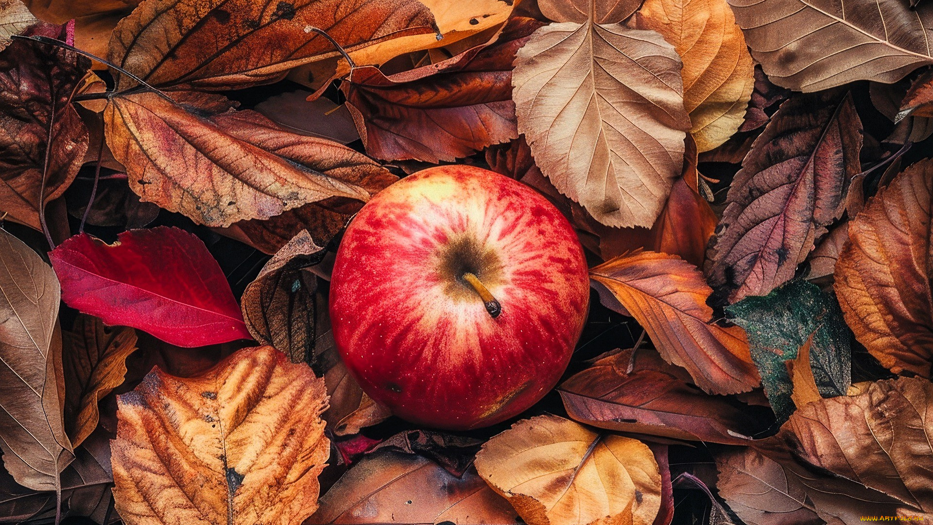 еда, яблоки, яблоко, листья, осень