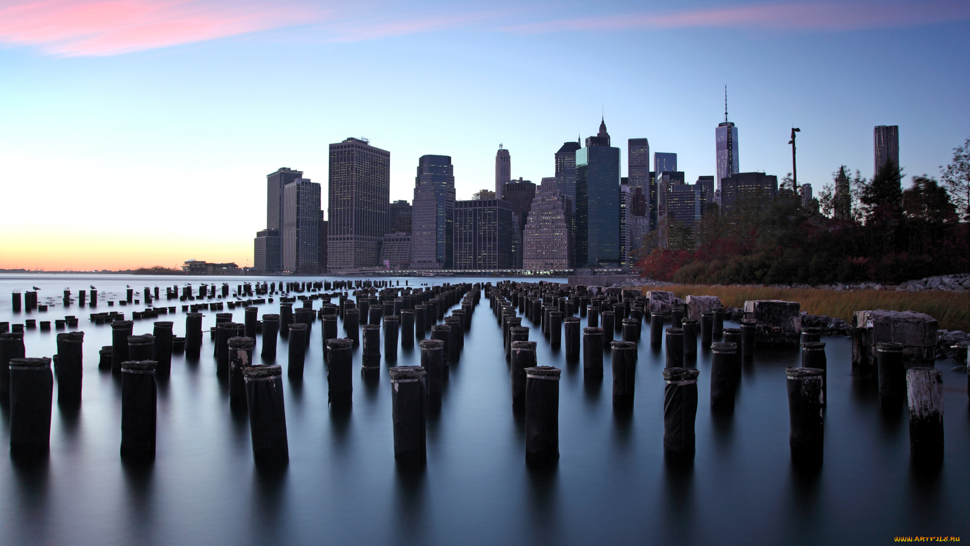 города, нью-йорк, , сша, рассвет, дома, манхеттен, столбы, река, деревья, осень