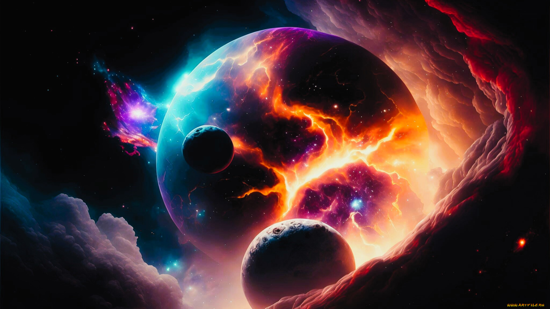 космос, арт, планеты, туманность, катастрофа
