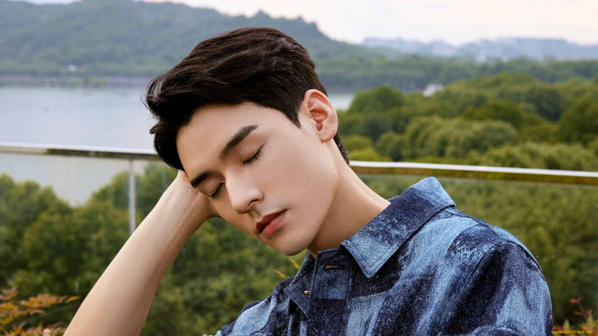 мужчины, gong, jun, |, simon, gong, актер, рубашка, балкон, панорама, природа, река, лес