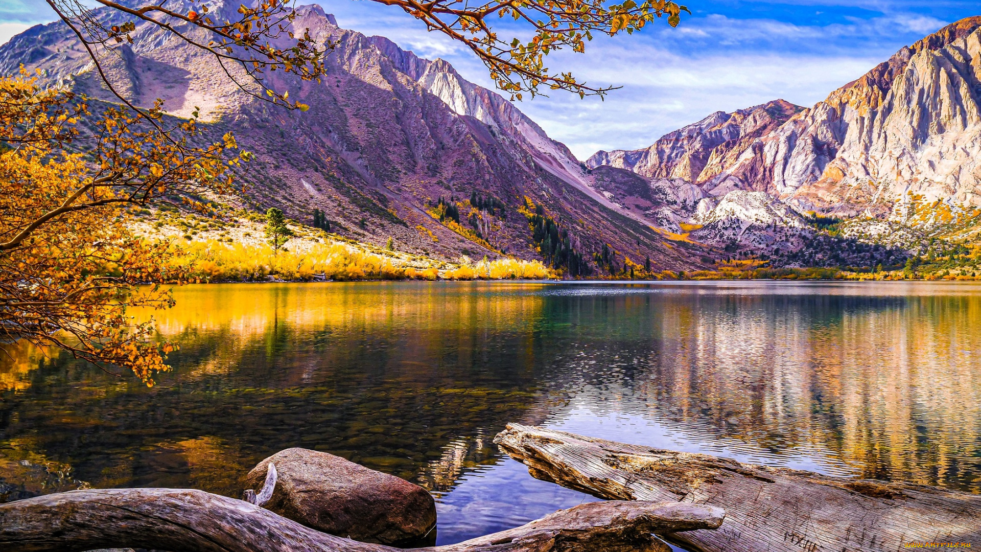 природа, реки, озера, ветки, дерево, осень, горы, озеро, бревна, камни