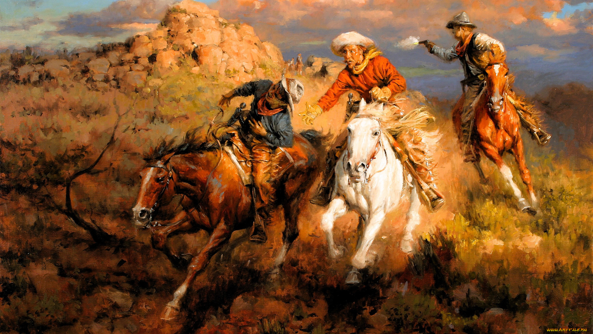 рисованное, andy, thomas, всадники, погоня, скала, прерия